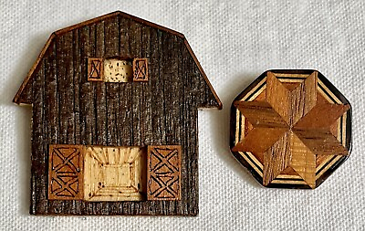 #ad Vintage Lot of 2 Detailed Wood Pins Brooch Artisan Crafted Barn amp; Inlaid Star