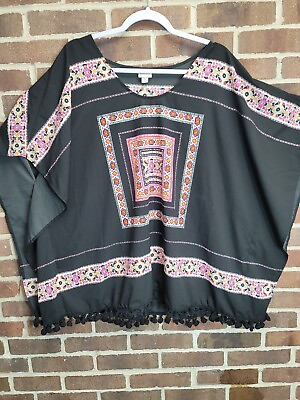 #ad Merona Women#x27;s Top Tunic Size XL Black Pom Pom Trim Floral Print Aztec Oversized