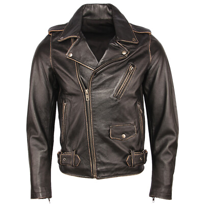 #ad Mens Marlon Brando Biker Motorcycle Vintage Distressed Black Leather Jacket