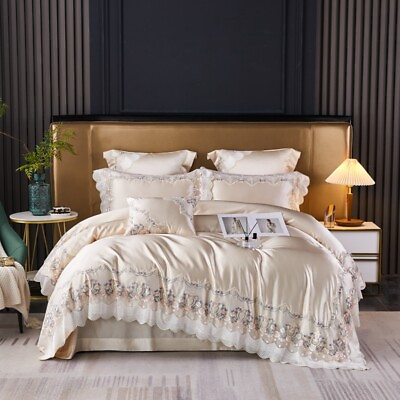 #ad Bedding Set 4 Pcs Classic Embroidered Duvet Cover Set Flat Sheet 2 Pillowcases