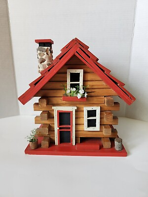 #ad Wooden Log Cabin Bird Feeder House Red Miniature