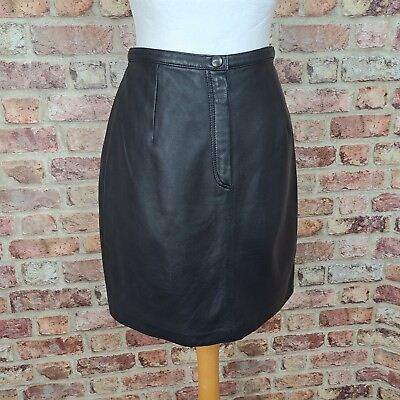 #ad St Michael Leather Skirt Mini Black UK 6 8 Vintage 25quot; Waist Soft Feel Lined