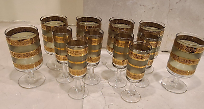 #ad Vintage Culver Starlyte Gold And Green Banded Cordial amp; Wine Glasses Set of 12