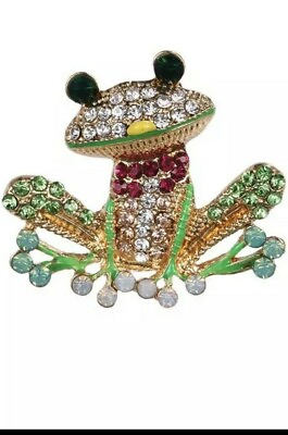 #ad Frog Green with Pink Bow Full Rhinestone Vintage Gold Pin Brooch D 879