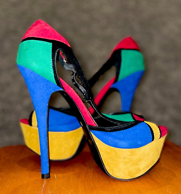#ad Alba Color Block High Heel Womens 7.5 Shoes Red Blu Green Yellow
