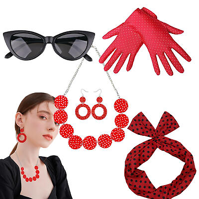 #ad 50s Women Costume Accessories Set Polka Dot Headband Necklace Sunglasses Gloves