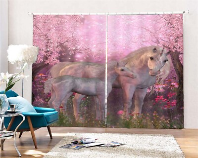 #ad White Horse Pink Forest 3D Curtain Blockout Photo Printing Curtains Drape Fabric