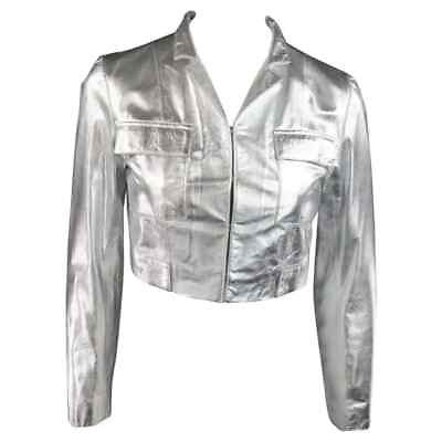 #ad Women#x27;s Silver Leather Cropped Jacket 100% Real Lambskin Soft Leather Short Coat