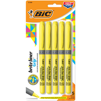 #ad BIC Brite Liner Grip Highlighter Chisel Tip Yellow Non Toxic 5 Pack
