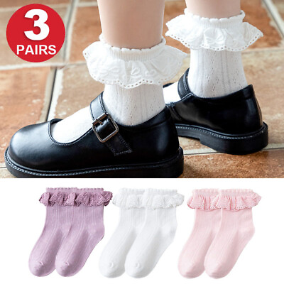 #ad 3Pairs Baby Girls Lace Ruffle Princess Ankle Socks Kids School Dance Cotton Sock