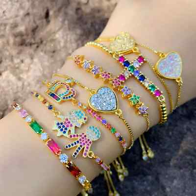 #ad Multicolor Zirconia Bracelet Heart Crown Charms Bangles Women Crystal Bracelets