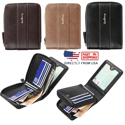 #ad Men#x27;s Zipper Leather Wallet Short Bifold Purse ID Credit Card Holder Pocket Bag