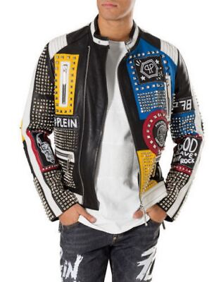 #ad New Philipp Plein Multicolor Full Studded Embroidery Patches Mens Leather Jacket