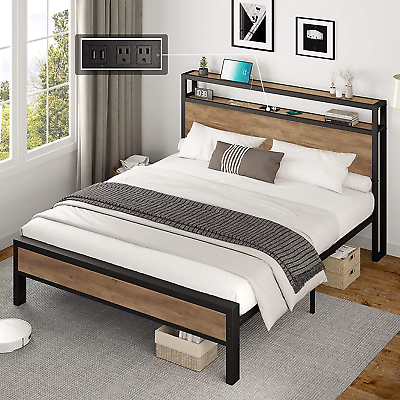 #ad Queen Size Bed Frame Industrial Platform Bed with Charging Station 2 Tier Stora