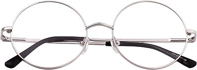 #ad Retro Round Metal Non Prescription Eyeglasses Frame with Spring HInge Silver