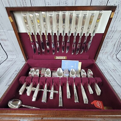 #ad Community 76pc silver plated rose pattern dinnerware in wooden case $175.00