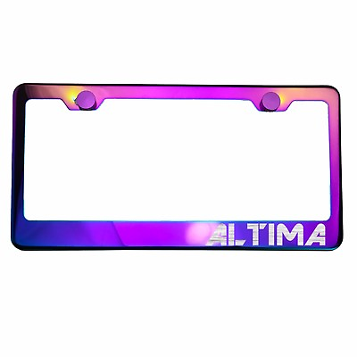 #ad Polish Neo Neon Chrome License Plate Frame ALTIMA Laser Etched Metal Screw Cap