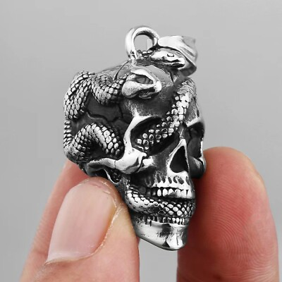 #ad Men#x27;s Gothic Retro Snake Skull Pendant Necklace Punk Jewelry Stainless Steel 24quot;