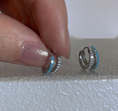 #ad Women Girl 925 Silver Turquoise Decor Huggie Hoop Snap Earrings 11mm A28