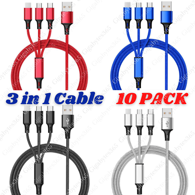 #ad 10X Lot 3A Fast USB Charging Cable 3in 1 Charger Cord For iPhone USB C Micro USB $27.31