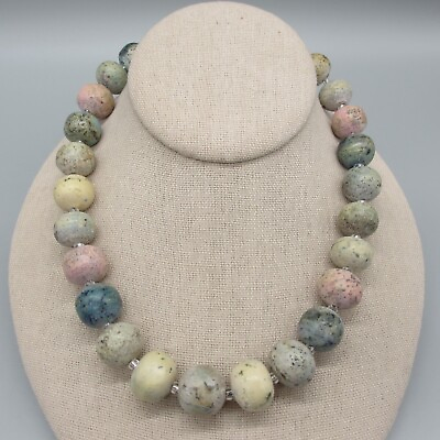#ad Vintage Stone Necklace Speckled Pastels Silver Tone Spacer Beads 27quot;