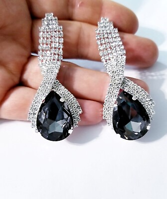 #ad Chandelier Drop Dangle Earrings Rhinestone Crystal 2.6 inch Gray Pageant Prom