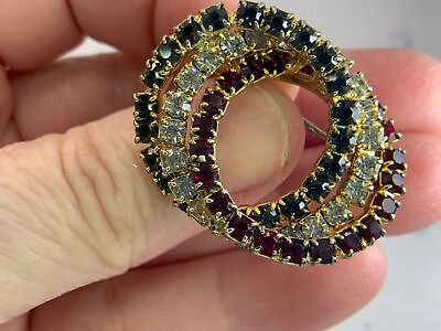 #ad # Intertwined Circles Green Red Clear Rhinestones Vintage Gold Brooch M 0713