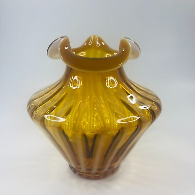 #ad Fenton Glass Autumn Gold Opalescent Fine Optic Rib Vase #1599AO Introduced 1993