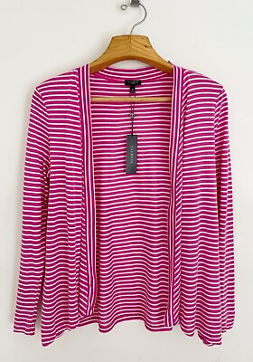 #ad NWT TALBOTS Cardigan Top PM Pink White Striped Open Front Long Sleeve Jersey