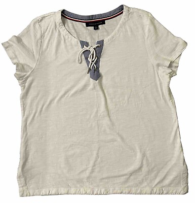 #ad Tommy Hilfiger Womens White Short Sleeve Nautical Lace Up Shirt Size X Large