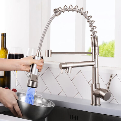 #ad Commerical Kitchen Faucet Sink Pull Down Sprayer w LED Mixer Tap Brushed Nickel