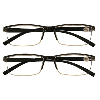 #ad 2 Packs Mens Rectangle Half Frame Reading Glasses Black Spring Hinge Readers $9.59