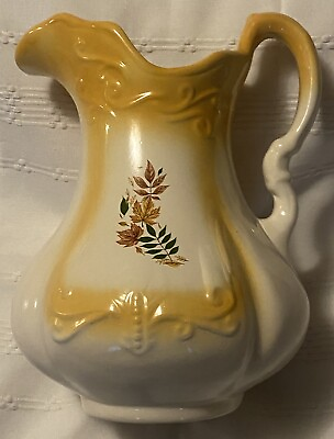 #ad J Mar Vintage 12” Ironstone Water Pitcher White Yellow Trim Autumn Leaves