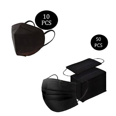 #ad 60 Pcs Black Mask kit 10 KN95 Protective 5 Layer Face Mask BFE 95% 50 Black 3ply