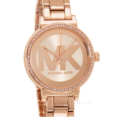 #ad Michael Kors Sophie Womens Rose Gold Glitz Watch MK Logo Dial Crystals