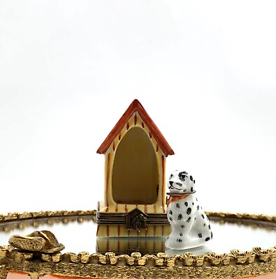 #ad Dog Spotted Black amp; White Chain To Dog House Trinket Box By Limoges France