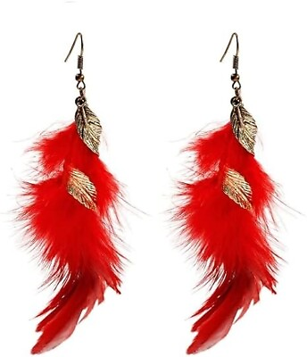 #ad Long Feather Dangle Earrings Vintage Boho Ethnic Gold Leaf Tassels