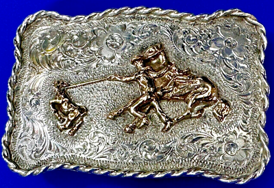 #ad Sterling Silver Roping Cowboy Western Belt Buckle By Silver Horse Woodland CA
