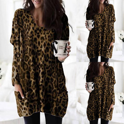#ad Womens Leopard Long Sleeve Pullover Tops Casual Round Neck Pockets Tunic Blouse