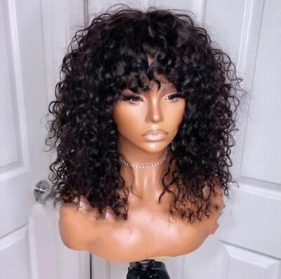 #ad Human hair wigs Curly Bob Full Machine Made Natural Black $129.99