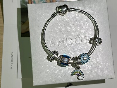 #ad Pandora 925 Silver Bracelet Rainbow Dangle Charm 7.1 Inch With Box
