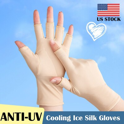 #ad 2× Cooling Ice Silk Gloves Anti UV Sun Protection Half Finger Driving Gloves USA