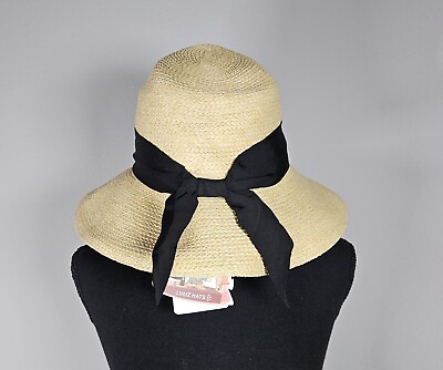 #ad Lavaiz Womens Sun Straw Hat Wide Brimmed Hat Black Ribbon Bowknot Beach Hat