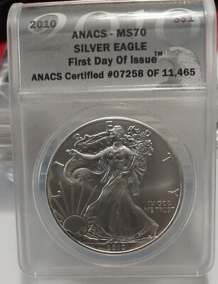 #ad 2010 SILVER EAGLE ANACS MS70 FIRST DAY OF ISSUE