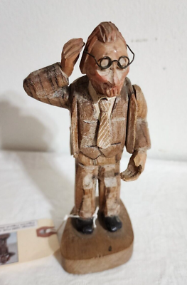 #ad Small 1950s Vintage ANRI Man With Glasses Suit and Tie Wood Carved Has Repairs