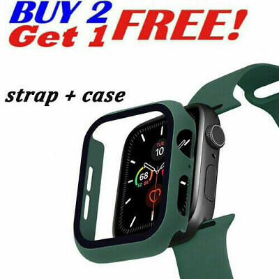 #ad Silicone iWatch BandGlass Screen Case For Apple Watch 9 8 7 6 5 4 32 SE 45 49mm