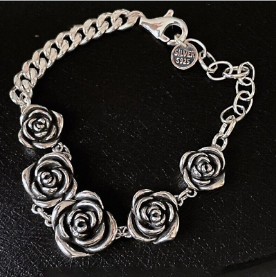 #ad New 925 Sterling Silver Vintage Roses Flower Chain Bracelet Trendy Style Bangle
