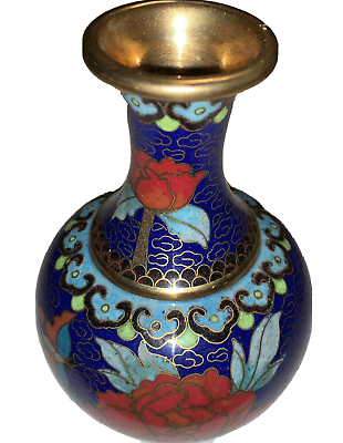 #ad Vintage Enamel Cloisonné Vase Blue Red Floral amp; Green Accents 4 1 4quot; T Blue Base