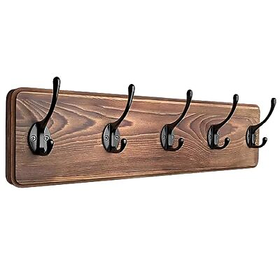 #ad Wood Coat Rack Wall Mount with 5 Metal Coat Hooks for Hanging – 17 Inch Heavy...