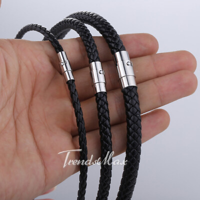 #ad 4 6 8MM Mens Black Braided Cord Rope Leather Necklace Choker w Magnetic Clasp